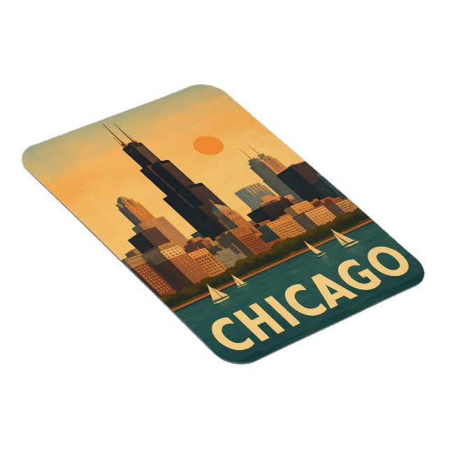 Vintage Chicago skyline, lake Michigan sailboat Magnet (Högersidan)