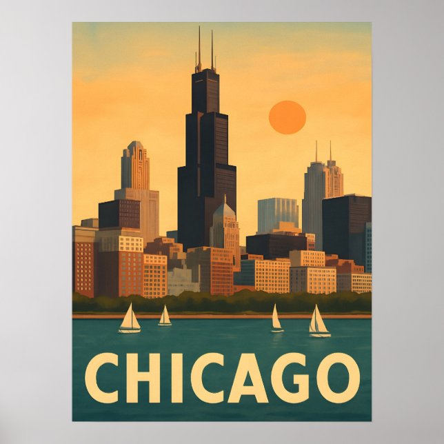 Vintage Chicago skyline, lake Michigan sailboat Poster (Framsidan)