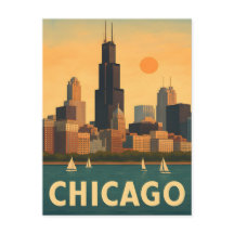 Vintage Chicago skyline, sjö Michigan-segelbåt