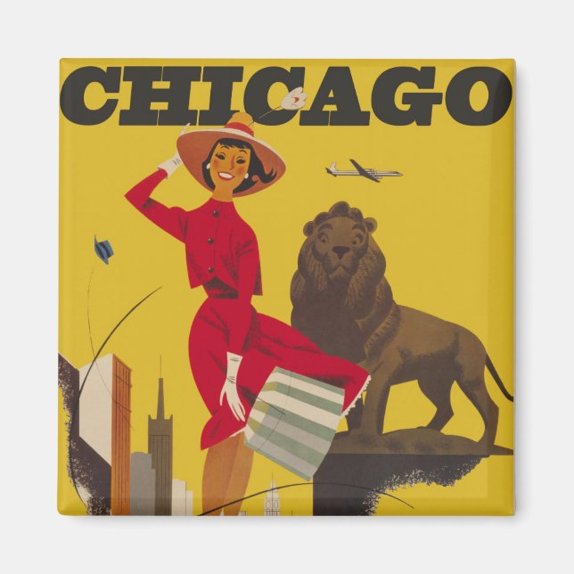 Vintage Chicago USA Luft Travel Advertisement Magnet (Framsidan)