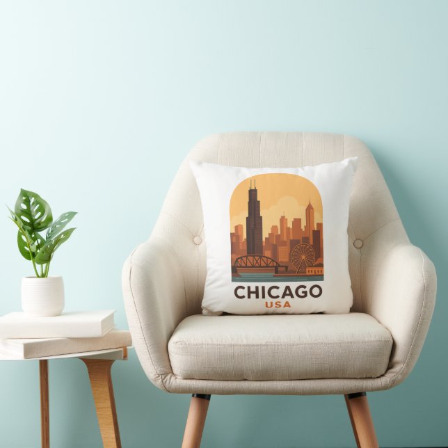 Vintage Chicago USA Resa Retro Stadssiluett  Kudde (Stol)