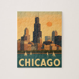 Vintage Chicagos skyline, segelbåt på Michigansjön Pussel