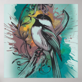 Vintage Chickadee Sergranat - Teal Poster