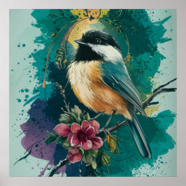 Vintage Chickadee Splendor - Teal Poster