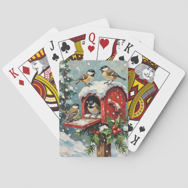 Vintage Chickadees på snöig julpostlåda Casinokort (Baksidan)