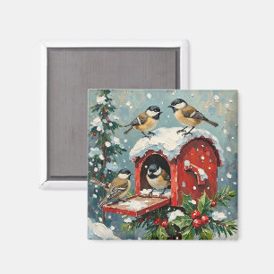 Vintage Chickadees på snöig julpostlåda Magnet