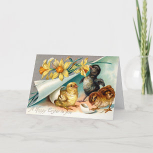 Vintage Chickar med Gula blommor Påsk Hälsning Helgkort