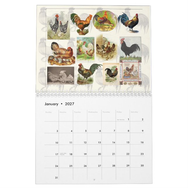 Vintage Chicken Anpassningsbar Calendar Kalender (Jan 2027)