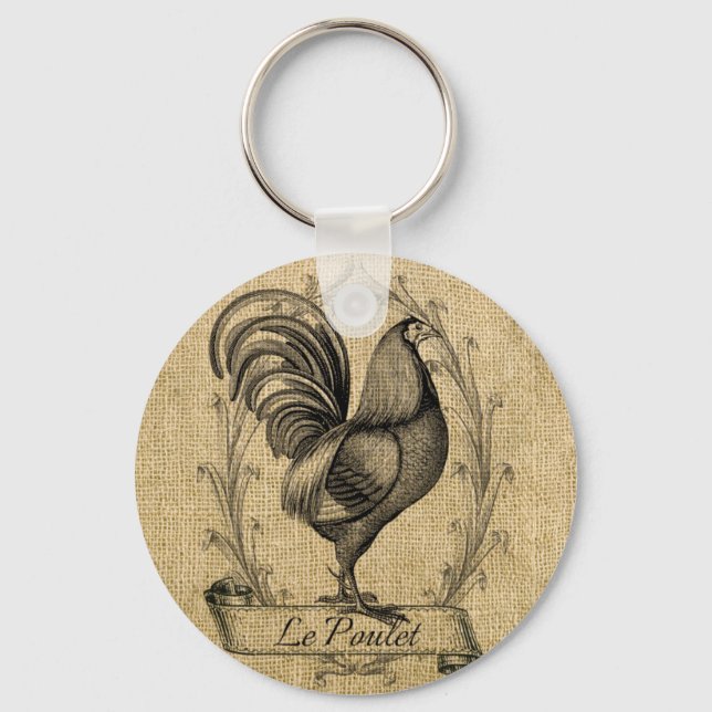 Vintage Chicken Burlap Nyckelring (Framsida)