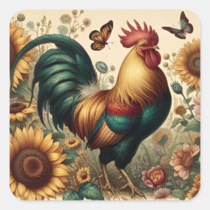 Vintage Chicken Tupp Aesthetic and Wildblomma Fyrkantigt Klistermärke