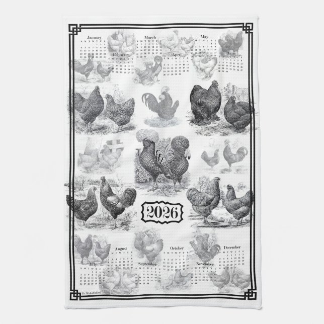 Vintage Chickens 2026-kalender Kökshandduk (Vertikal)