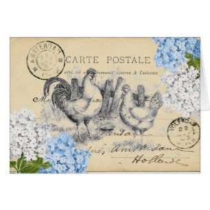 Vintage Chickens Blue Flower vycard OBS Kort
