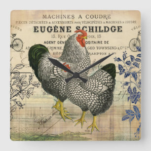 Vintage Chickens Ephemera Fyrkantig Klocka