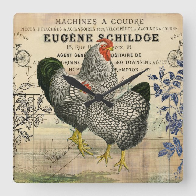 Vintage Chickens Ephemera Fyrkantig Klocka (Framsida)