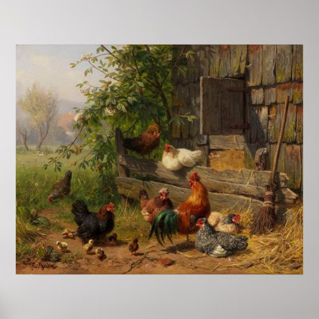 Vintage Chickens och Tupp Land väggdekaler Poster (Framsidan)