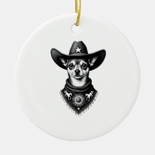 Vintage Chihuahua Cowboy Gravyr Stil Västerländsk Julgransprydnad Keramik