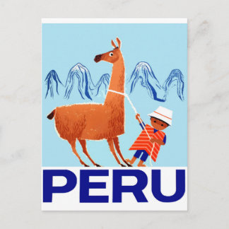 Vintage Child and Llama Peru Travel Poster Vykort