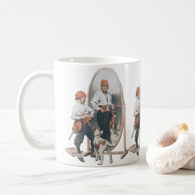 Vintage Child, Boy Pirat, Hund, Spegel, Buccaneer Kaffemugg (Med munk)