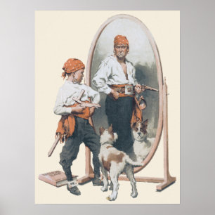 Vintage Child, Boy Pirat, Hund, Spegel, Buccaneer Poster