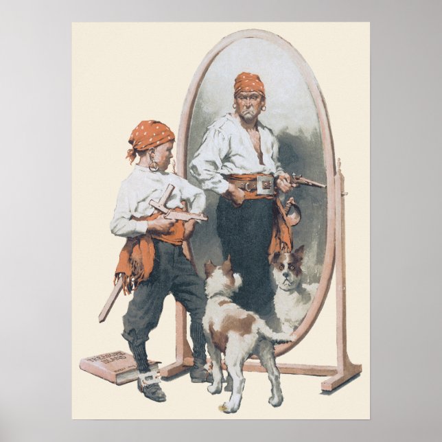 Vintage Child, Boy Pirat, Hund, Spegel, Buccaneer Poster (Framsidan)