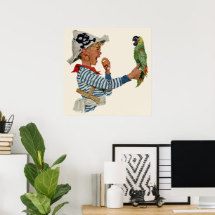 Vintage Child, Boy Spela Pirat Parrot Bird Poster