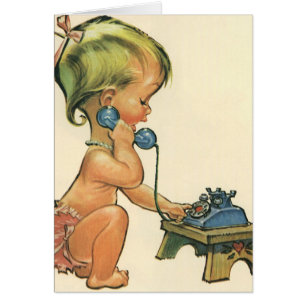 Vintage Child Cute Blond Girl Talar på Leksak Mobi Hälsningskort