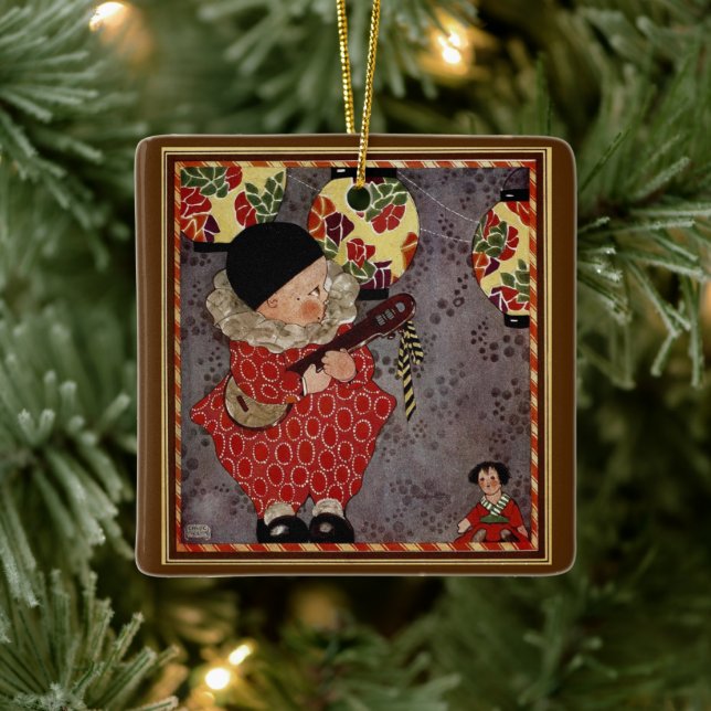 Vintage Child Harlequin, Musician spelar Banjo Julgransprydnad Keramik (Träd)