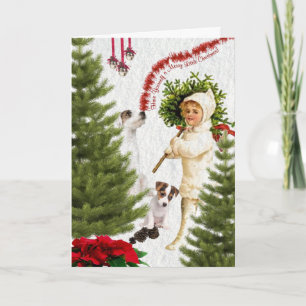 Vintage Child & Jack Russell God jul Helgkort