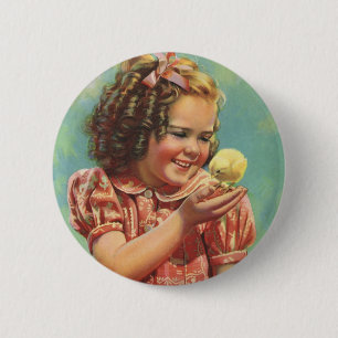 Vintage Child, Lycklig Smile, Girl with Baby Chick Knapp