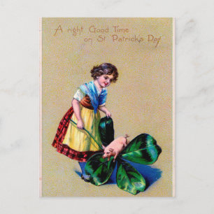 Vintage Child och Gris på St patrick's day Vykort