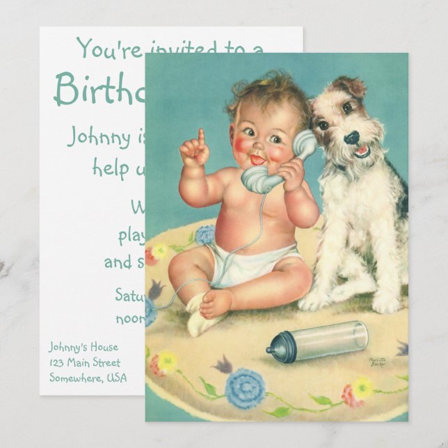 Vintage Child och Hund Födelsedagsfest inbjudan (Fram/baksida)