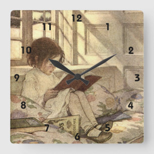 Vintage Child Reading a Bok, Jessie Willcox Smith Fyrkantig Klocka