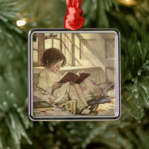 Vintage Child Reading a Bok, Jessie Willcox Smith Julgransprydnad Metall