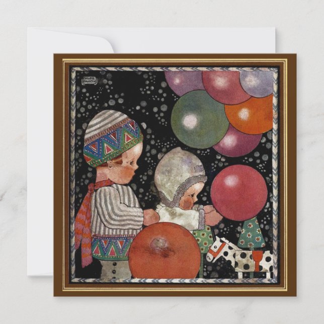 Vintage Children Födelsedagsfest Balloons Leksaker Inbjudningar (Framsida)