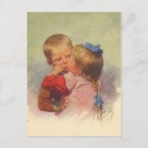Vintage Children Kissing Art, Karl Feiertag 1910 Vykort