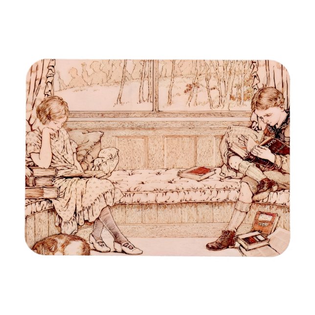 Vintage Children Reading cozy Illustration  Magnet (Horisontell)