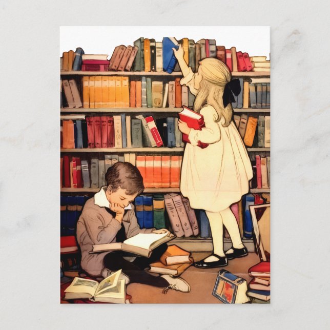 Vintage Children Reading Library Books PostCard Vykort (Framsida)