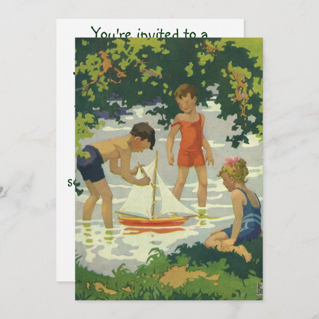 Vintage Children Sailboat-Födelsedagsfest Inbjudningar (Fram/baksida)