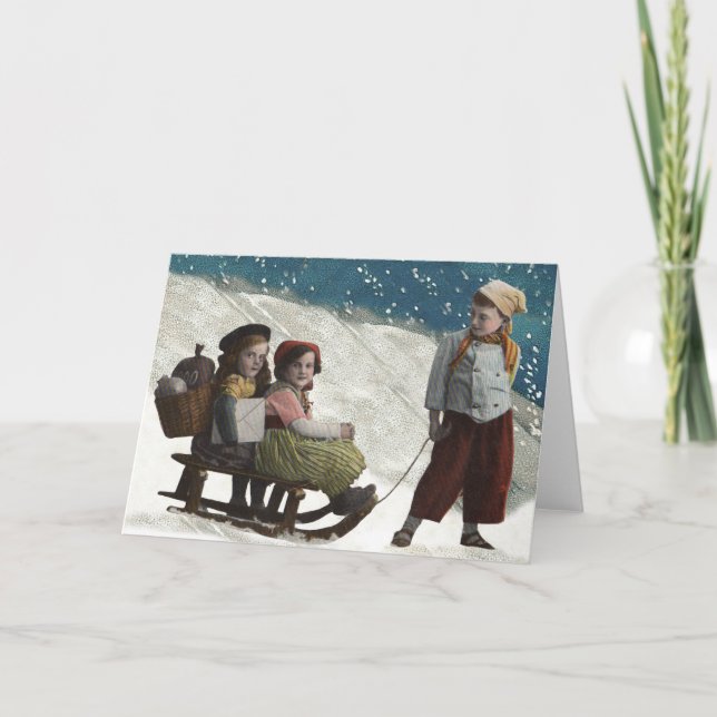 Vintage Children Sledar Julvinter Helgkort (Framsida)
