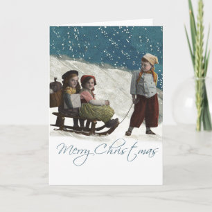 Vintage Children Sledar Julvinter Helgkort