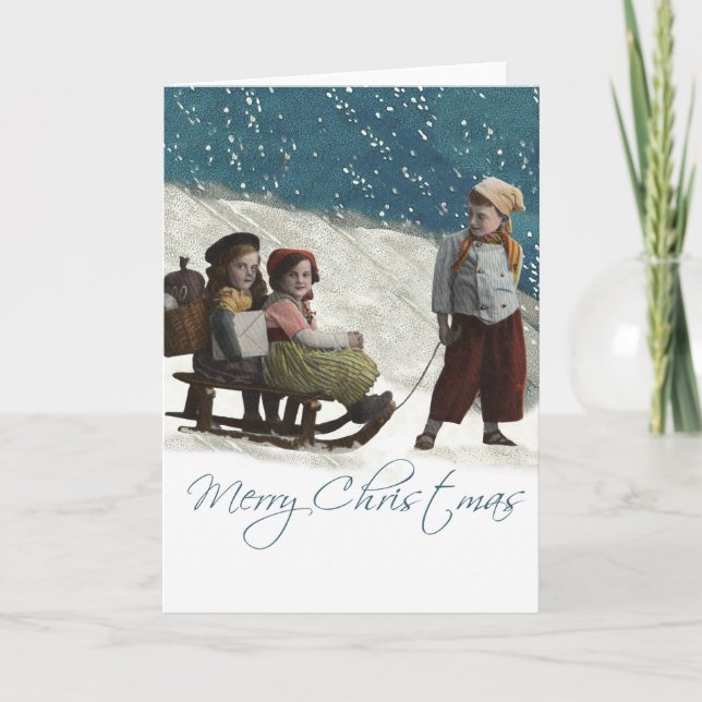 Vintage Children Sledar Julvinter Helgkort (Framsida)