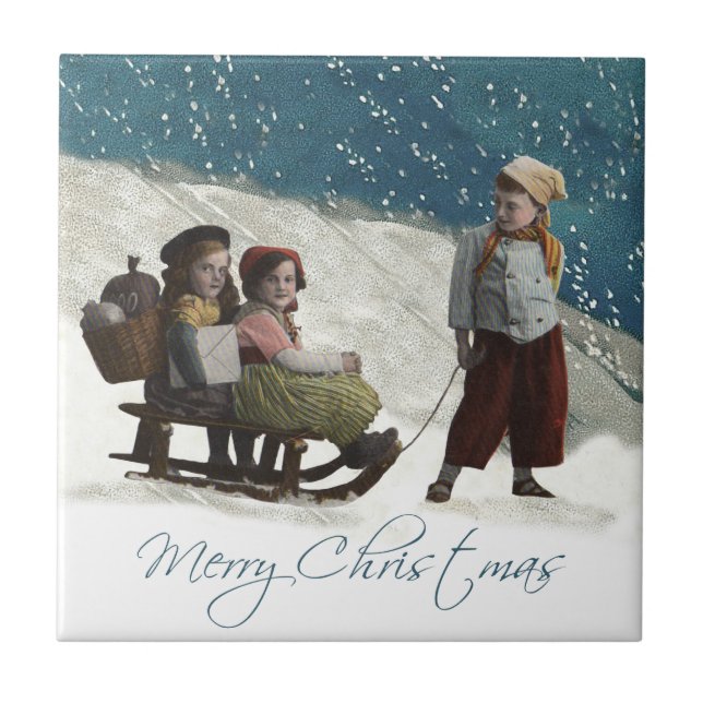 Vintage Children Sledar Julvinter Kakelplatta (Framsidan)