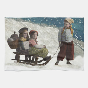 Vintage Children Sledar Julvinter Kökshandduk