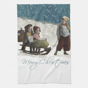 Vintage Children Sledar Julvinter Kökshandduk