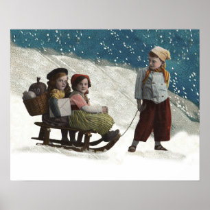 Vintage Children Sledar Julvinter Poster