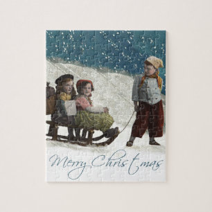 Vintage Children Sledar Julvinter Pussel