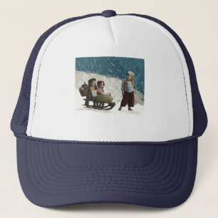 Vintage Children Sledar Julvinter Truckerkeps
