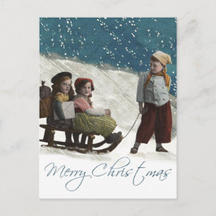 Vintage Children Sledar Julvinter Vykort
