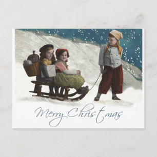 Vintage Children Sledar Julvinter Vykort