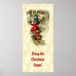 Vintage Children Sledding Snö Holly CH409 Poster